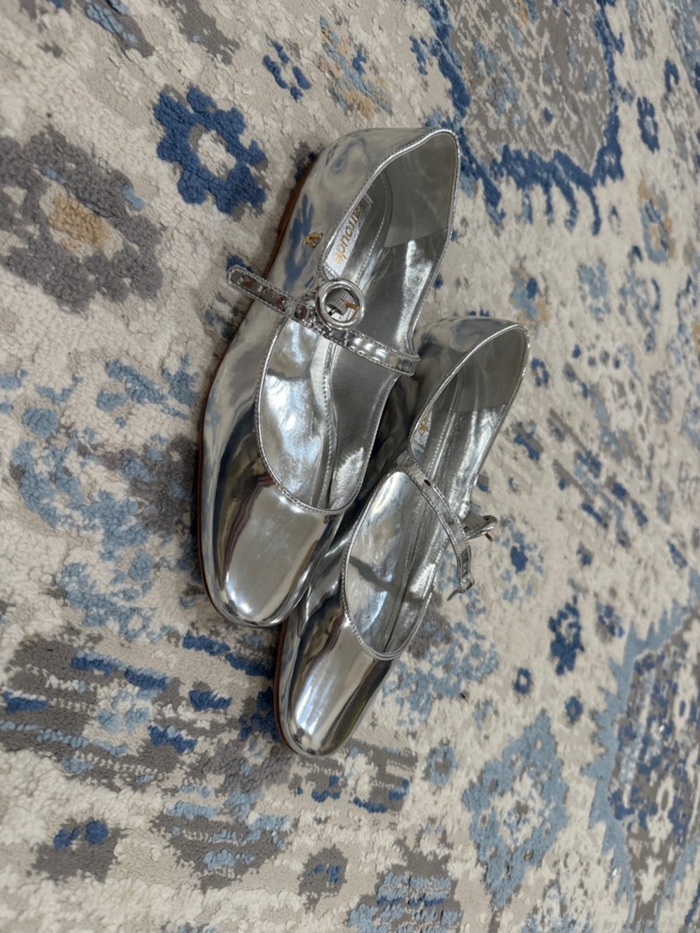 Larroude Metallic Silver Ballet Flats with Buckle